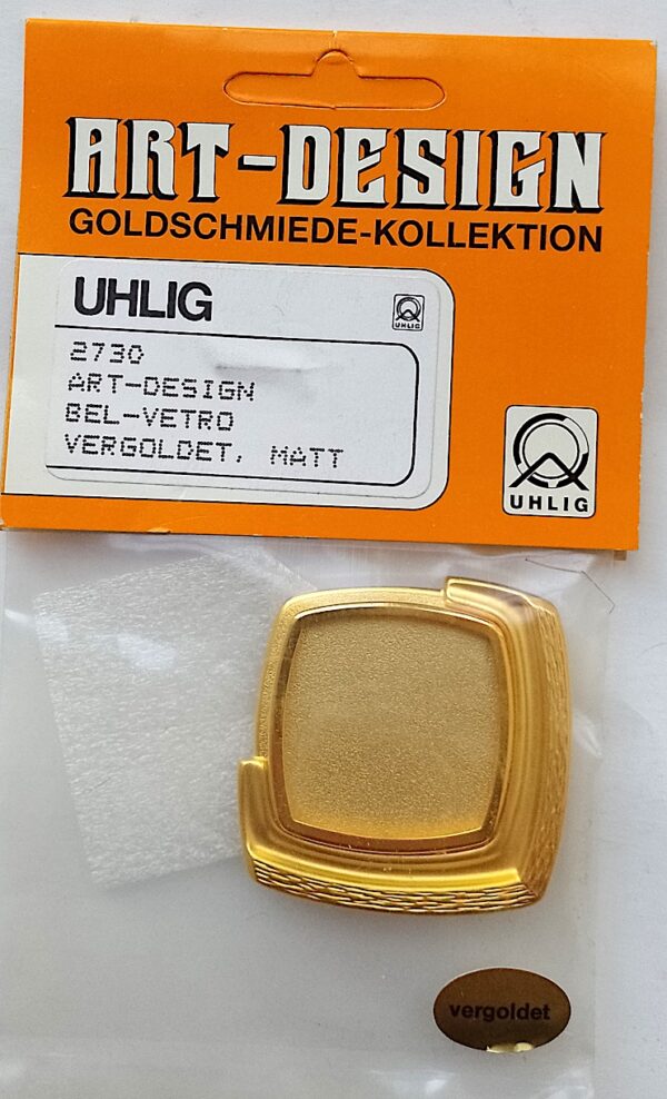 2730 Uhlig Brosche Rechteck vergoldet matt Glasscheibe 40x45 mm