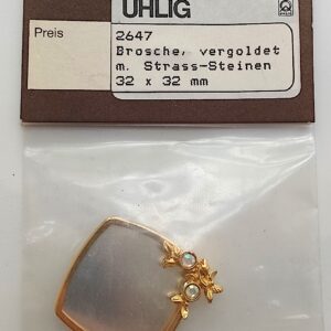 Brosche Viereck 32x32 mm mit Strass Steinen, Rahmen vergoldet
