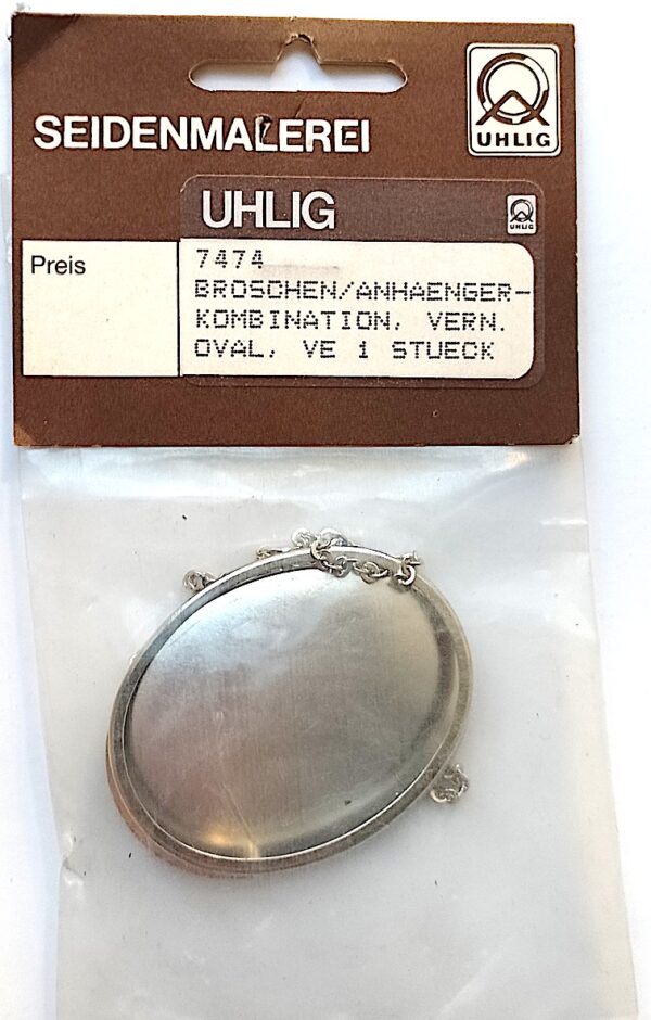 Brosche, Anhänger oval 40x50 mm, vernickelt mit Kette