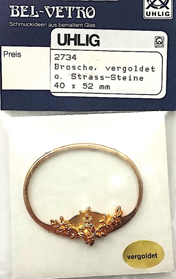 Brosche mit Glasscheibe oval vergoldet 40x52 mm
